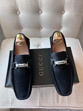 Rare Gucci Black Suede Horse-bit Loafers with Silver Hardware in Size 11. VGC.
